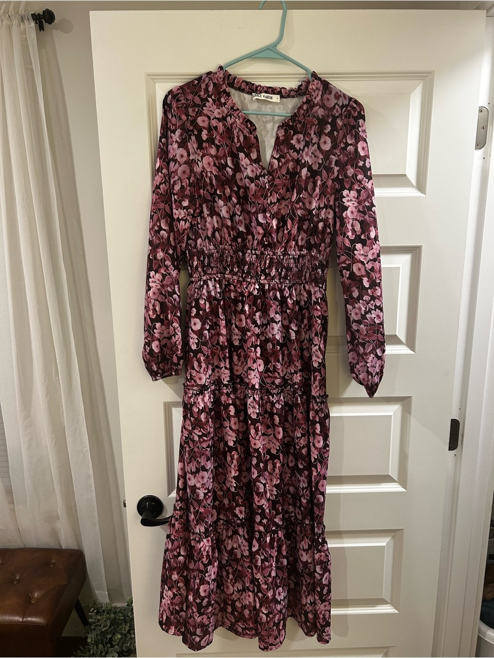 Grace Karin Pink Floral Long Sleeve Maxi Dress